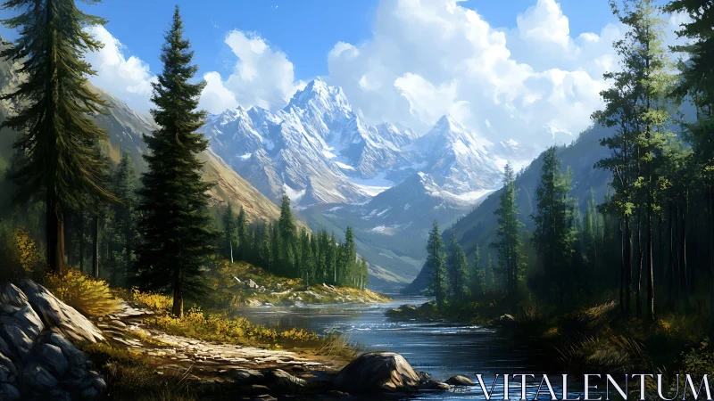 Digital painting of alpine river valley with conifer foreground.
