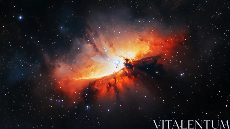 Bright orange nebula cloud against dense star field in space.