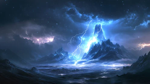 Storm lit alien mountain range under intense blue lightning.
