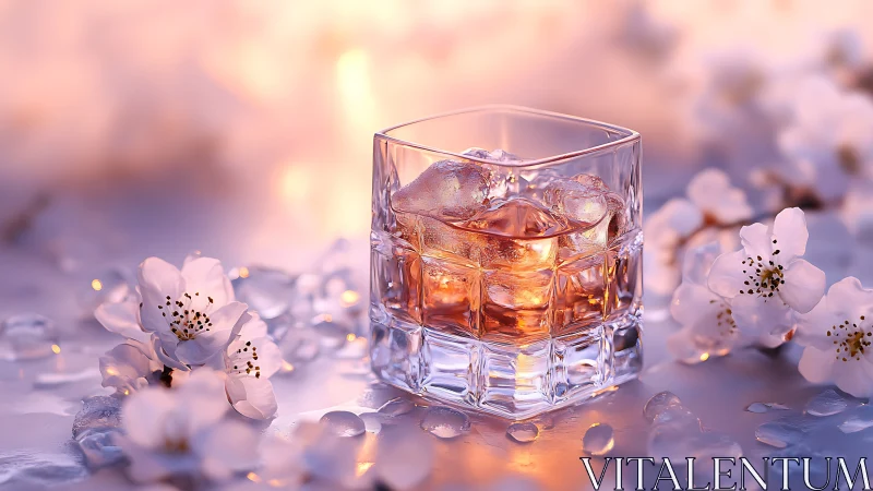 Crystalline Tumbler with Amber Spirits Among Delicate Botanical Elements.
