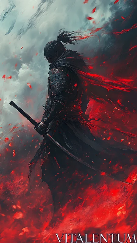 Lone crimson warrior strolling through a storm of embers.