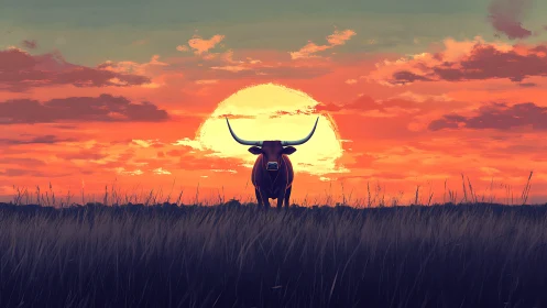 Sun-crowned longhorn claims the horizon in burning dusk