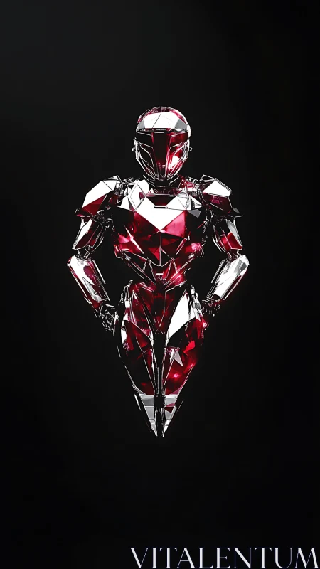 Crystalline red chrome android rendered in reflective 3D armor.