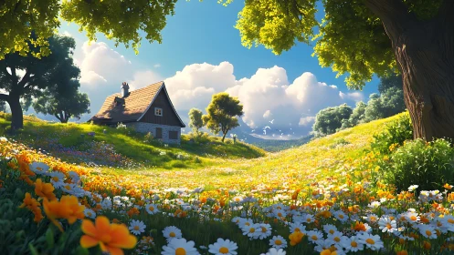 Sunny cottage rests amid wildflower meadow and glowing hills.