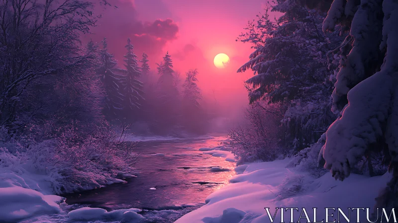 Rose dusk over snowlit river, where winter quietly glows.