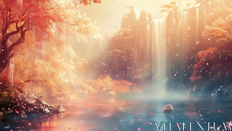 Autumn blossoms drift as a secret waterfall forgives daylight