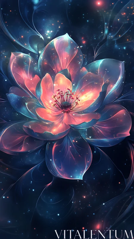 Transparent luminous flower with nebula-like cosmic backdrop.