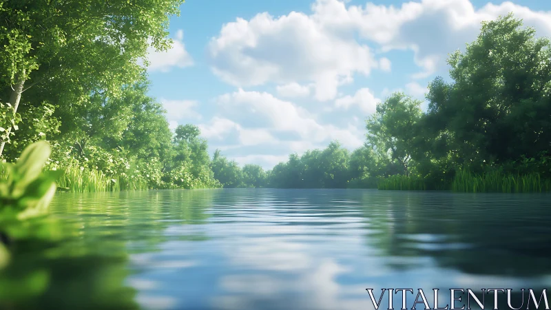 River hush under cloud-soft skies and emerald canopies.