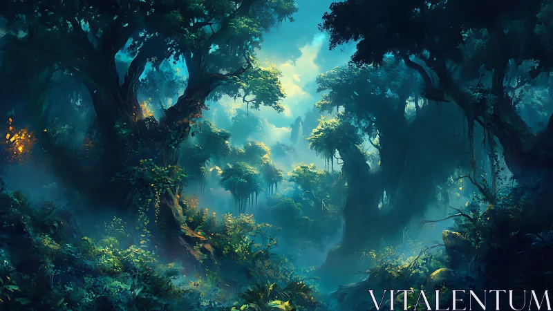 Luminescent Forest Canyon: Digital Landscape with Bioluminescent Canopy Architecture.