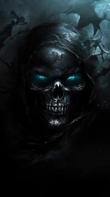 Hooded skeletal figure with glowing blue eyes in darkness.
