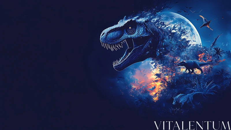 Digital dinosaur composition shows fragmented head beside moon