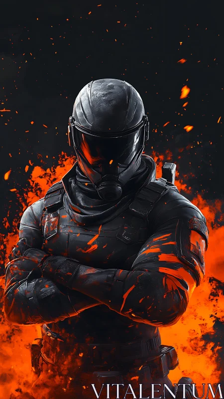 Fearless armored guardian standing in blazing orange fire.