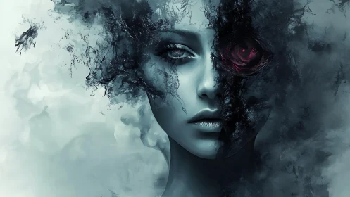 Shrouded cyber-muse with crimson rose eye emerging.