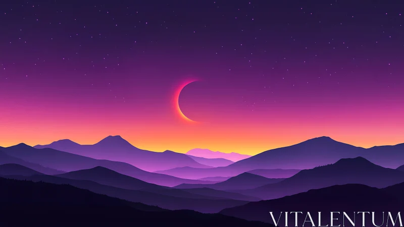 Dreamy crescent moon glows over violet and gold mountains