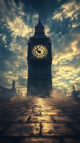 Moody clocktower rising above mist and glowing cobbles.
