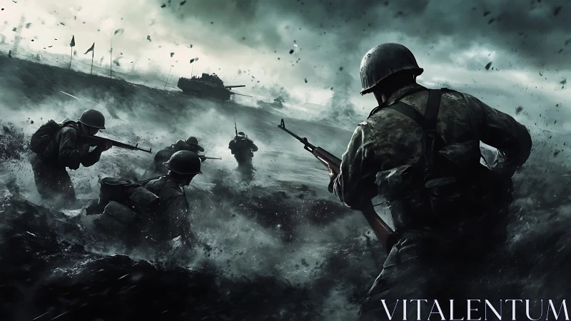 Soldiers advance through stormy battlefield surf under fire