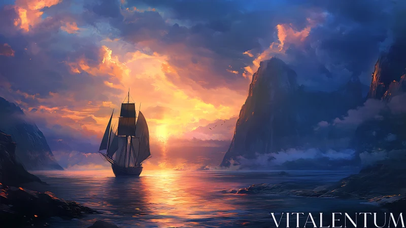 Sunlit voyage between calm seas and glowing cliffs.