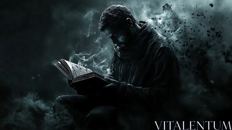 Dark sorcerer studies glowing arcane grimoire amid smoke.