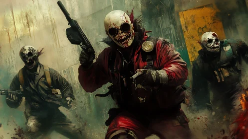 Masked gunmen advancing through ruined urban environment.