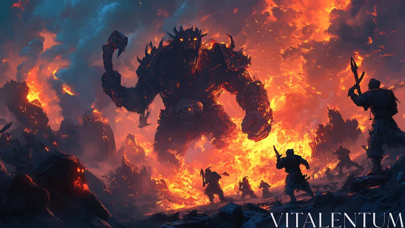 Colossal molten demon emerging from fiery ruin, warriors advancing