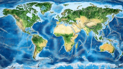 Global world map with physical relief and ocean bathymetry.