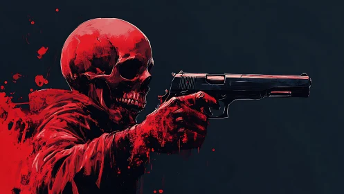 Red skeletal figure aiming handgun against dark backdrop.