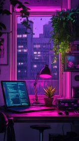 Cyberpunk coder workspace glows under neon magenta rain