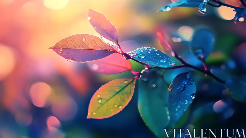 Iridescent foliage with water droplets in prismatic bokeh field.