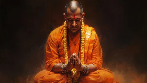 Seated monk in orange robes with folded hands in prayer.