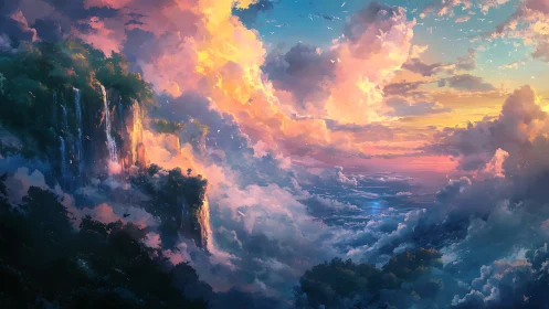 Sunset-drenched cloudfalls quietly redraw the edge of earth