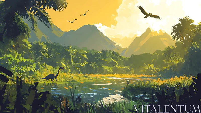Sunlit prehistoric river valley with dinosaurs and jungle canopy.