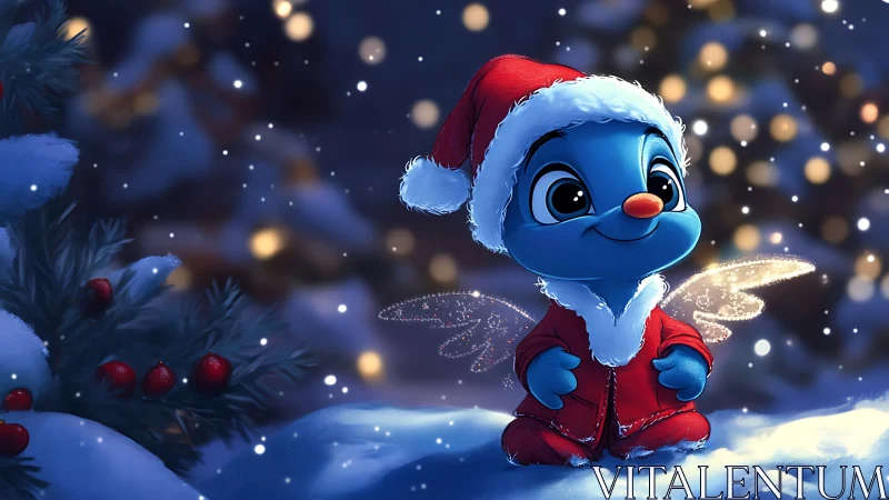 Digital painting of blue Christmas creature in snowy bokeh scene.