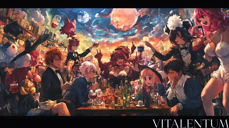 Revelry under twin moons in lavish anime tavern scene.