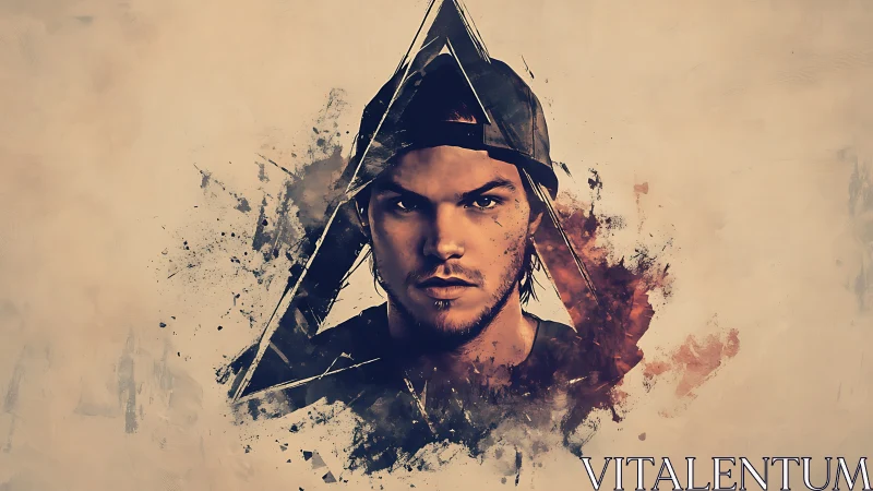 Intense urban portrait within fractured triangle frame.