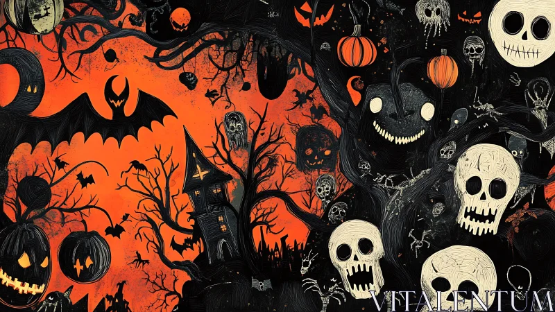Halloween night scene shows skulls, pumpkins and bats