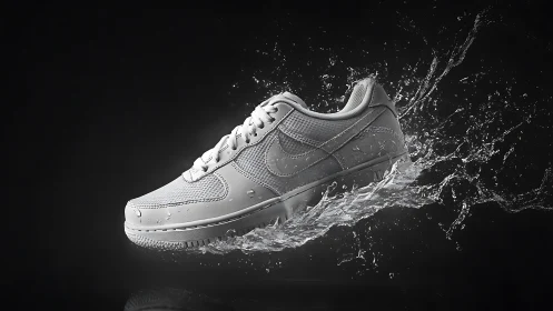 Monochrome sneaker suspended in midair amid water splash.