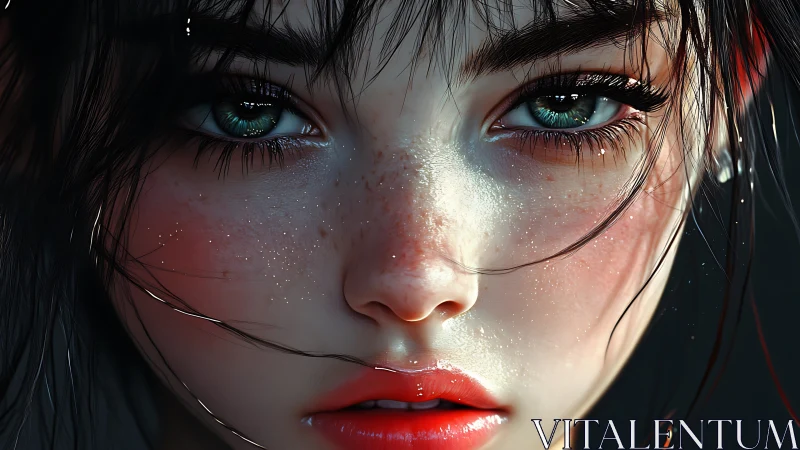 Glistening freckles and sea green eyes in quiet closeup.