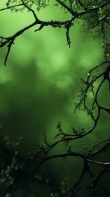 Glistening branches curve through a misty emerald glow