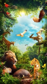 Vibrant rainforest wildlife circle under bright midday sky.