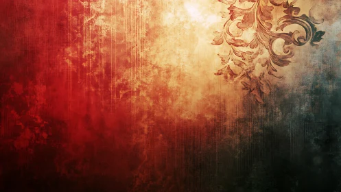 Vintage floral scrollwork overlays textured red gradient