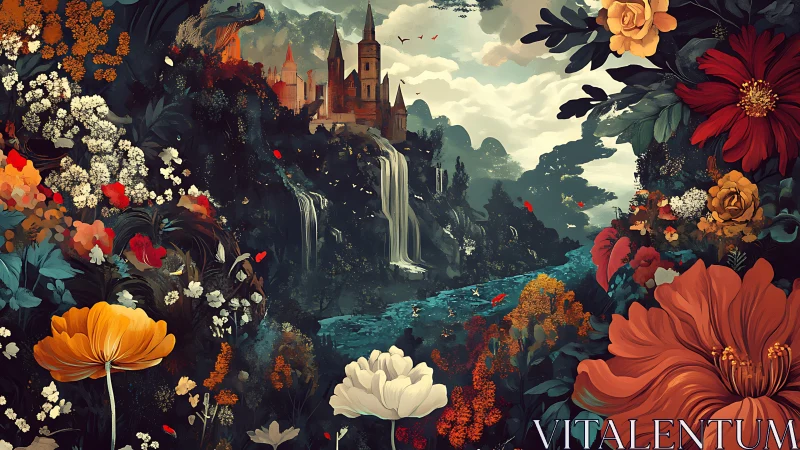 Enchanted river valley crowned by distant castle citadel.