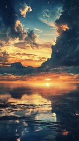 Celestial seascape merges sunset horizon with starfield sky