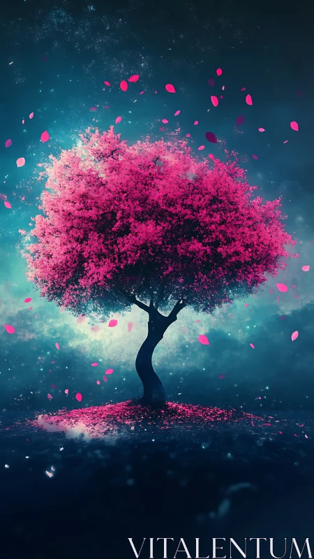 Luminous magenta blossom tree floats against cosmic teal haze