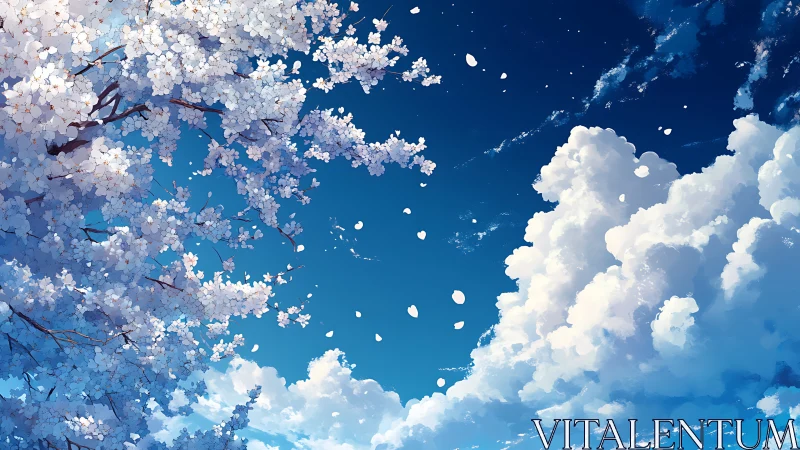Blossoming cherry tree crowns expansive cumulus clouds in sky