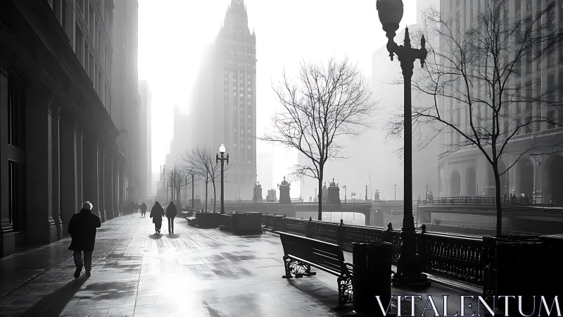 Foggy city riverwalk with pedestrians and tall buildings.