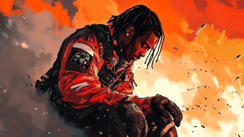 Brooding pilot crouches under blazing orange sky.