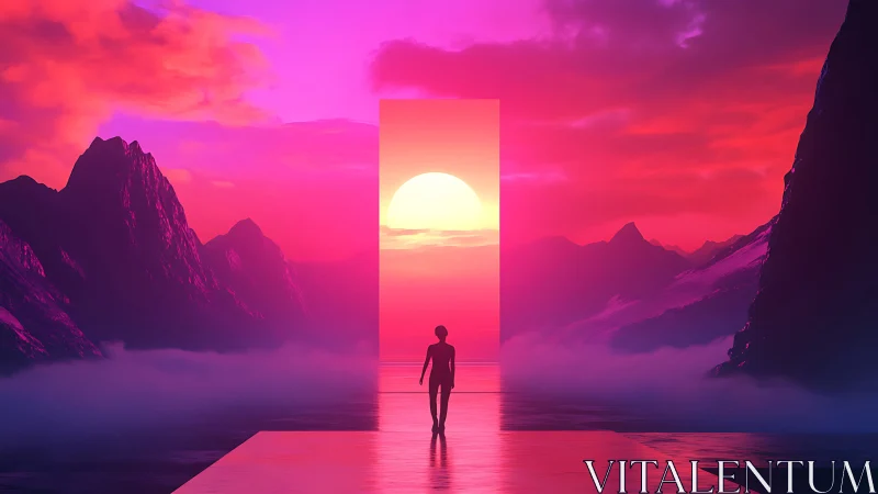 Solitary dreamer crossing a neon portal into molten dawn.