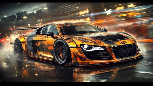 Modified orange sports coupe on wet urban night street.