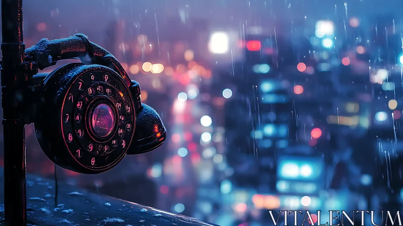 Retro rotary phone glows against neon city rainstorm.