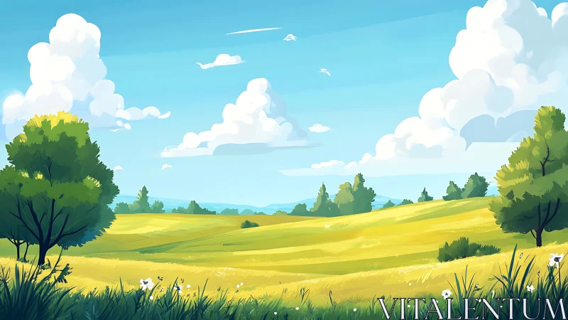Illustrated summer meadow under cumulus clouds with layered depth cues
